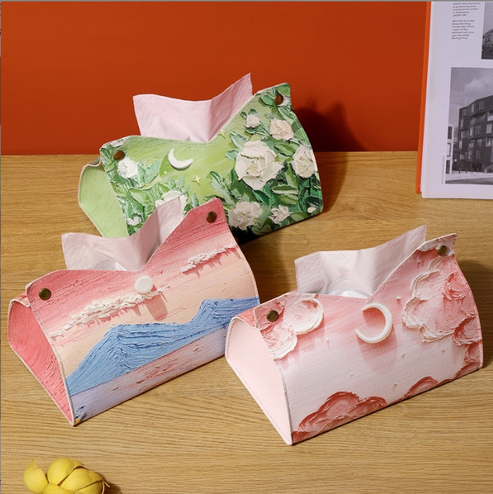 Creative Aesthetic Leather Pink Tissue Case - Large Storage Oil Painting Paper Towel Box, Durable Napkin Holder for Home