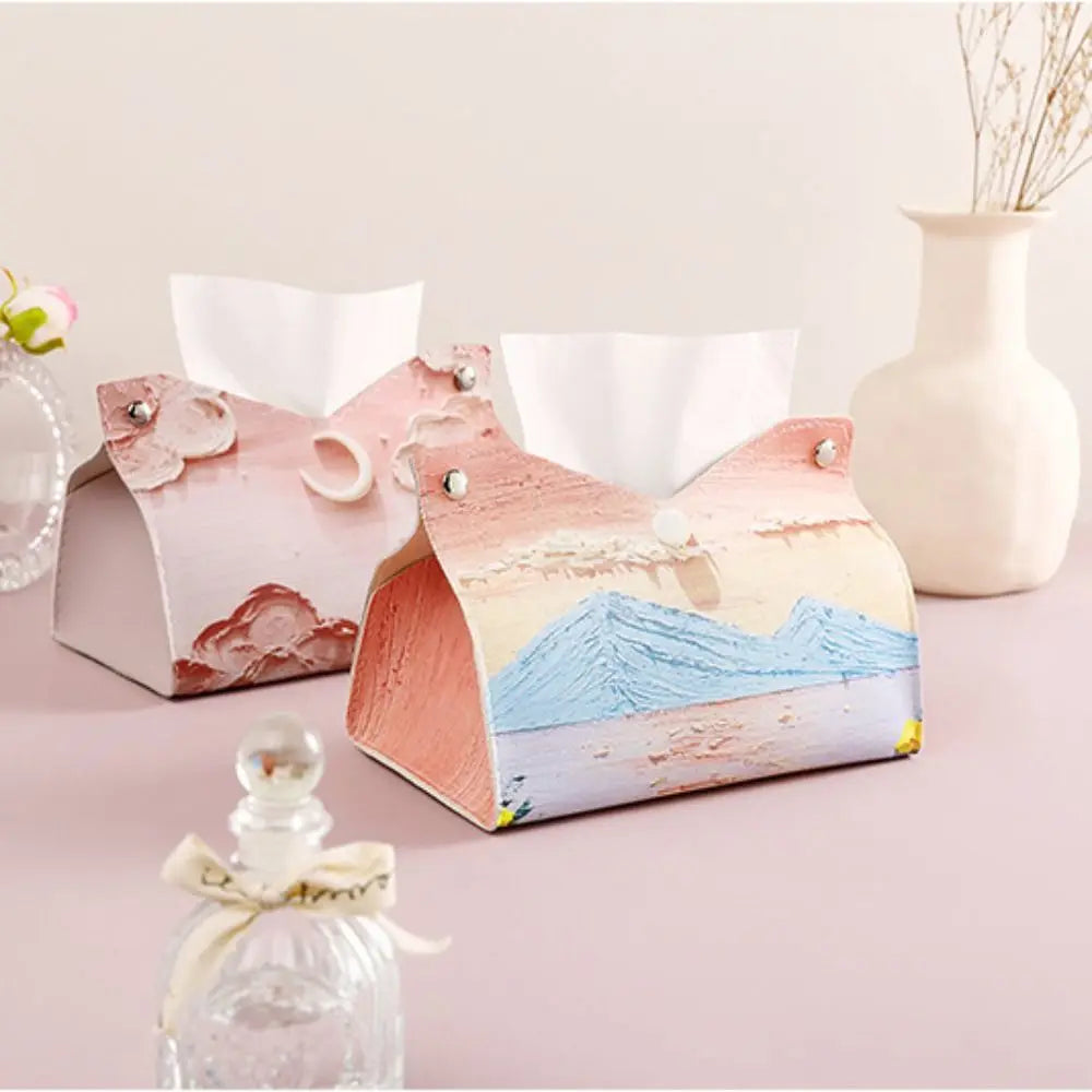 Creative Aesthetic Leather Pink Tissue Case - Large Storage Oil Painting Paper Towel Box, Durable Napkin Holder for Home