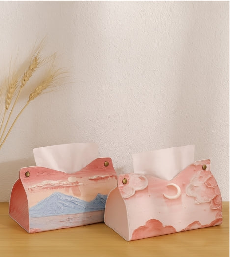Creative Aesthetic Leather Pink Tissue Case - Large Storage Oil Painting Paper Towel Box, Durable Napkin Holder for Home