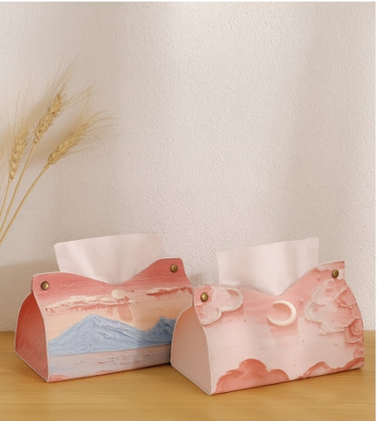 Creative Aesthetic Leather Pink Tissue Case - Large Storage Oil Painting Paper Towel Box, Durable Napkin Holder for Home