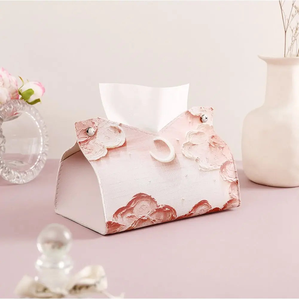 Creative Aesthetic Leather Pink Tissue Case - Large Storage Oil Painting Paper Towel Box, Durable Napkin Holder for Home