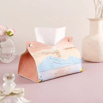 Creative Aesthetic Leather Pink Tissue Case - Large Storage Oil Painting Paper Towel Box, Durable Napkin Holder for Home
