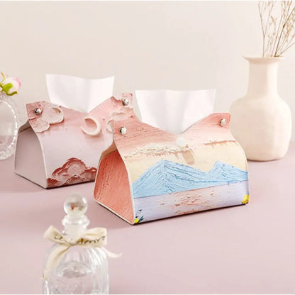 Creative Aesthetic Leather Pink Tissue Case - Large Storage Oil Painting Paper Towel Box, Durable Napkin Holder for Home